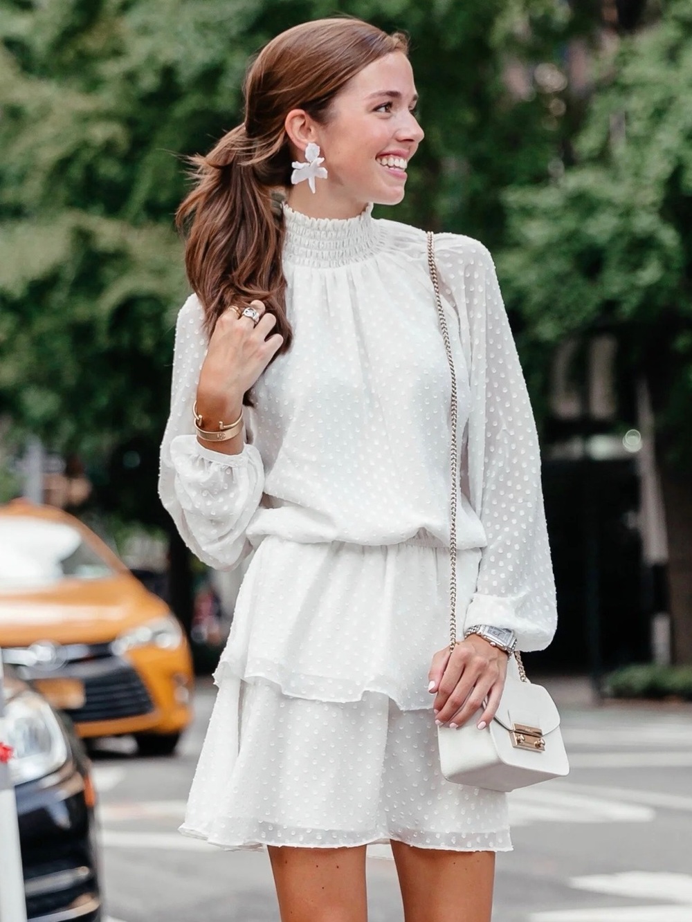 YUMI KIM Class Act White Swiss Dot Tiered Long-Sleeve Dress Size Large